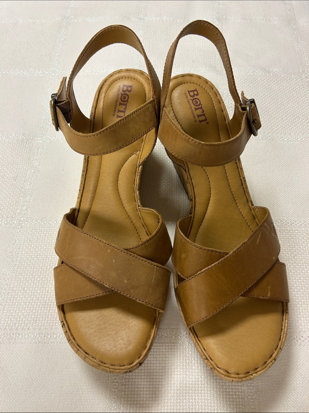Born Women's Cognac Leather Crisscross Slingback cork, wedge sandals